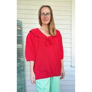 80s Red Sweater Short Sleeve Ramie Cotton Pullover L Retro New Old Stock